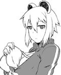  animal_ears araiguma-san bra bra_removed breasts cleavage expressionless greyscale holding holding_bra huge_breasts jacket looking_at_viewer monochrome original raccoon_ears short_hair solo track_jacket tsukudani_(coke-buta) underwear zipper 