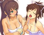  asuka_(senran_kagura) bare_shoulders bow breast_press breasts brown_hair cleavage closed_eyes green_eyes hair_bow homura_(senran_kagura) large_breasts multiple_girls open_mouth ponytail senran_kagura senran_kagura_shoujo-tachi_no_shin'ei tan tongue tongue_out yuuji_(and) 