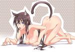  all_fours animal_ears ass barefoot blue_eyes breasts brown_hair cat_ears cat_tail imamura_saeka in_heat large_breasts long_hair looking_at_viewer nude original outline polka_dot polka_dot_background solo suzutsuki_kurara tail tongue tongue_out top-down_bottom-up 