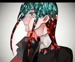  1other alexandrite_(houseki_no_kuni) androgynous aqua_eyes aqua_hair colored_eyelashes cracked crystal_hair eyebrows_visible_through_hair eyes_visible_through_hair gem_uniform_(houseki_no_kuni) gradient_hair heterochromia highres houseki_no_kuni long_hair multicolored_hair necktie red_eyes red_hair saku_(saku5991) solo two-tone_hair upper_body 