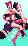  2boys bad_id bad_pixiv_id black_hair double_bun family fingerless_gloves gloves groin headset highres jojo_no_kimyou_na_bouken jonathan_joestar joseph_joestar_(young) kuujou_jolyne lipstick makeup mpkxx multicolored_hair multiple_boys orange_eyes pink_hair purple_hair sleeveless sleeveless_turtleneck turtleneck two-tone_hair 