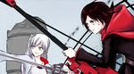  black_eyes blue_eyes cape crescent_rose dress holding holding_sword holding_weapon left-handed long_hair lyy multiple_girls myrtenaster ponytail rapier red_hair ruby_rose rwby scar scythe short_hair sweatdrop sword weapon weiss_schnee white_hair 