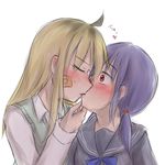  ahoge aosora_(mizore) bandages blonde_hair blush heart hug kiss multiple_girls original purple_hair red_eyes school_uniform serafuku skirt twintails yuri 