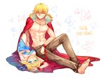  1girl ahoge artoria_pendragon_(all) bad_id bad_pixiv_id barefoot blonde_hair blue_eyes cape fate/stay_night fate_(series) gilgamesh leash muscle red_eyes saber sanme short_hair 