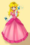  blonde_hair blue_eyes breasts bug butterfly crown drawfag dress earrings elbow_gloves eyelashes gloves happy_birthday highres insect jewelry lips long_dress long_hair mario_(series) medium_breasts pink_dress princess_peach simple_background slender_waist smile solo super_mario_bros. white_gloves yellow_background 