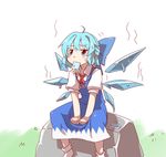  blue_eyes blue_hair bow cirno dress food hair_bow hihachi hot ice ice_wings melting mouth_hold popsicle short_hair sitting touhou wings 