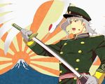  earrings gloves hat jewelry jojo_no_kimyou_na_bouken kakyouin_noriaki katana mai0124 male_focus military military_hat military_uniform mount_fuji rising_sun silver_hair solo sunburst sword uniform weapon 