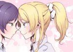  ayase_eli bad_id bad_pixiv_id blonde_hair blue_eyes blush closed_mouth couple eye_contact face face-to-face green_eyes highres ikarin long_hair looking_at_another love_live! love_live!_school_idol_project multiple_girls noses_touching ponytail profile purple_hair smile toujou_nozomi yuri 