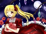  blonde_hair bouquet choker dress fang flandre_scarlet flower full_moon moon night night_sky one_eye_closed open_mouth red_eyes red_flower red_rose rose shiyuu_eriisago side_ponytail sky smile star_(sky) touhou wings 
