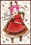  1girl aym_(ash3ash3ash) blush boots cape christmas dress eyes_closed fa facial_mark fire_emblem fire_emblem:_fuuin_no_tsurugi fire_emblem_heroes forehead_mark gloves highres looking_at_viewer mamkute nintendo open_mouth pointy_ears purple_hair short_hair smile solo 