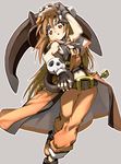  anchor ankle_boots boots brown_eyes brown_hair fingerless_gloves flat_chest gloves guilty_gear guilty_gear_xrd hat hat_tip huge_weapon long_hair may_(guilty_gear) navel orange_hat orange_shirt pants pants_rolled_up pirate_hat shirt skull skull_and_crossbones solo weapon ysk! 