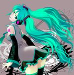  absurdres bad_id bad_pixiv_id detached_sleeves from_behind green_eyes green_hair hatsune_miku headphones highres leaning_forward long_hair mirey necktie skirt solo thighhighs twintails very_long_hair vocaloid 