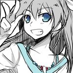  blue_eyes ganaha_hibiki grin idolmaster idolmaster_(classic) jewelry long_hair looking_at_viewer monochrome necklace smile solo spot_color tamura_hiro upper_body 