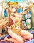  blonde_hair blue_eyes bowl breasts cleavage dress kneeling laurel_crown long_hair magic_circle medium_breasts original pouring solo statue suoni_(deeperocean) very_long_hair water 