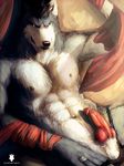  abs animal_genitalia anthro balls biceps black_nose canine canine_penis erection fur grin jewelry knot looking_at_viewer male mammal muscles nipples nude pecs penis pose presenting reclining red_penis ring sheath smile solo vein werethrope wolf 