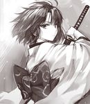  black_hair japanese_clothes kara_no_kyoukai kimono momoko_(momopoco) monochrome obi ryougi_shiki sash short_hair solo sword weapon 