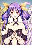  asymmetrical_wings bare_shoulders blue_hair bow breasts center_opening collarbone detached_sleeves dizzy guilty_gear hair_bow hands_clasped long_hair looking_at_viewer medium_breasts own_hands_together petals red_eyes smile solo tsushima wings 