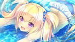  1girl blonde_hair blush game_cg koi_saku_miyako_ni_ai_no_yakusoku_wo_~annaffiare~ long_hair natsume_eri purple_eyes swimsuit tsuji_kokoro twintails water 