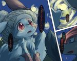  anime black_fur blue_eyes comic couple feral fur grass hair hat japanese japanese_text night nintendo open_mouth outside pok&#233;mon pok&eacute;mon red_eyes red_fur red_hair sharp_teeth sky sweat tamanosuke teeth text translated translation_request video_games white_fur zangoose zoroark 