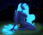  anthro anthrofied blue_fur blue_hair breasts cutie_mark equine female friendship_is_magic fur glowing_hair hair hobbsmeerkat horn horse kneeling looking_at_viewer mammal my_little_pony night nipples nude outside pony princess_luna_(mlp) solo winged_unicorn wings 