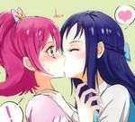  2girls aida_mana blue_hair blush bow braid closed_eyes dokidoki!_precure green_background half_updo hands_on_shoulders heart hishikawa_rikka kiss long_hair multiple_girls naokado pink_bow pink_eyes pink_hair precure profile romaji short_hair simple_background spoken_heart surprise_kiss surprised sweatdrop upper_body yuri 