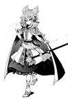  belt bracelet cape cis_(carcharias) earmuffs greyscale hand_on_hip jewelry looking_at_viewer monochrome short_hair skirt smirk solo sword touhou toyosatomimi_no_miko weapon 