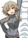  :3 :d amane_suzuha arm_up artist_name braid brown_hair hand_on_hip jacket long_hair negi_(ulog'be) open_mouth smile solo steins;gate track_jacket twin_braids yellow_eyes 