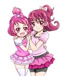  :3 :d aida_mana arm_around_shoulder arm_around_waist bad_id bad_pixiv_id bike_shorts blush bow dokidoki!_precure half_updo hand_on_shoulder holding_hands hug interlocked_fingers multiple_girls open_mouth personification pink_bow pink_eyes pink_hair precure sharuru_(dokidoki!_precure) sharuru_(dokidoki!_precure)_(human) short_hair simple_background smile sougetsu_ayu thighhighs white_background 
