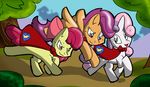  amber_eyes apple_bloom_(mlp) applelboom_(mlp) bow building cape cutie_mark_crusaders_(mlp) equine fangs female feral friendship_is_magic grass green_eyes group hair horn horse house mammal my_little_pony outside pegasus pink_hair pony purple_eyes purple_hair red_hair scootaloo_(mlp) sky sweetie_belle_(mlp) theburningdonut tree two_tone_hair unicorn wings 