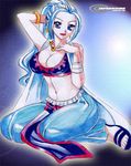  1girl alabasta blue_eyes blue_hair earrings feet female jadenkaiba jewelry midriff necklace nefertari_vivi one_piece princess sandals solo toes 