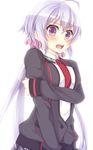  ahoge blush breast_hold breasts hair_ornament long_hair lydian_academy_uniform megumuxxx necktie purple_eyes school_uniform senki_zesshou_symphogear silver_hair solo very_long_hair yukine_chris 