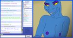  blue_skin breasts chat_box chatroom clothing computer deinonychus devona_rhea dinosaur female jessica_anner monitor nipples panties raptor scalie shirt tank_top text underwear webcam 