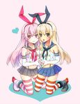  :&gt; alternate_color black_panties blonde_hair crop_top dual_persona elbow_gloves gloves hairband heart heart_hands heart_hands_duo kantai_collection long_hair looking_at_viewer md5_mismatch open_mouth panties pink_hair player_2 shimakaze_(kantai_collection) skirt smile striped striped_legwear thighhighs underwear yoshimi_kou 