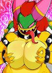  angry anthro armlet big_breasts bipedal black_eyes black_lipstick bowletta breast_grab breast_squeeze breasts claws collar female glare green_skin hair half-length_portrait huge_breasts koopa lips lipstick long_tongue mario_and_luigi:_superstar_saga mario_and_luigi_(series) mario_bros nintendo open_mouth pattern_background pink_background pink_ears pink_sclera plain_background pose red_hair saliva scalie sharp_teeth solo spiked_armlet spiked_bracelet spiked_collar spiked_shell teeth tongue video_games xingscourge yellow_countershading yellow_lips yellow_nails yellow_scales yellow_skin 