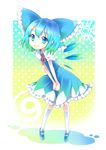  1girl absurdres blue_eyes blue_hair bow cirno dress gradient_hair green_hair hair_bow highres mary_janes multicolored_hair ribbon shoes short_hair smile solo touhou uta_(kuroneko) 