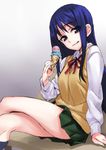  :q bad_id bad_pixiv_id blue_eyes blue_hair blush crossed_legs food ice_cream kurusugawa_ayaka long_hair long_sleeves looking_at_viewer matsuryuu school_uniform sitting skirt smile solo sweater_vest to_heart tongue tongue_out 