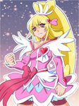  aida_mana big_hair blonde_hair bow choker clenched_hands cure_heart dokidoki!_precure hair_ornament heart heart_hair_ornament long_hair madsensei pink_bow pink_eyes pink_sleeves ponytail precure serious solo 