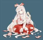  bad_id bad_pixiv_id bow fujiwara_no_mokou gurung hair_bow hair_brush hair_brushing hair_ribbon head_tilt holding holding_hair indian_style long_hair pants red_eyes ribbon silver_hair sitting solo suspenders touhou very_long_hair 