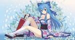  blue_eyes blue_hair bow breasts cleavage detached_sleeves flower hair_bow hair_ribbon holding japanese_clothes large_breasts long_hair looking_at_viewer npcpepper oriental_umbrella original ribbon sitting smile solo umbrella white_legwear 