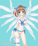  bikini blush bow breasts brown_hair cleavage frilled_bikini frills front-tie_top gloves green_eyes hair_bow large_breasts long_hair looking_at_viewer morinoamane navel original ponytail robot_ears shiny shiny_skin side-tie_bikini smile solo swimsuit wings 