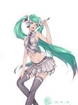  2013 bad_id bad_pixiv_id belt cheng_pitang dated green_eyes green_hair hatsune_miku headphones highres long_hair microphone midriff navel necktie open_mouth simple_background skirt solo thighhighs twintails very_long_hair vocaloid white_background 