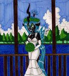  anthro anthrofied blush bouquet cat_eyes changeling elbow_gloves eyeshadow female flower friendship_is_magic gloves grass green_eyes green_hair hair holes horn lake long_hair looking_at_viewer makeup my_little_pony newyorkx3 outside queen_chrysalis_(mlp) slit_pupils solo sparkles standing tree water wedding_dress wings 