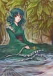  alternate_eye_color blue_hair curly_hair dress head_fins hideki japanese_clothes leaf mermaid monster_girl partially_submerged plant red_eyes solo touhou wakasagihime 