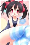  :d black_hair long_hair love_live! love_live!_school_idol_project open_mouth red_eyes school_swimsuit smile striped striped_legwear swimsuit thighhighs toki_ai twintails yazawa_nico 