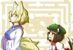  animal_ears blonde_hair blush breasts brown_eyes brown_hair cat_ears cat_tail chen dress fang fox_ears fox_tail hands_in_opposite_sleeves hat jewelry juliet_sleeves kitsunetsu_(rcu_be1s) long_sleeves looking_at_another medium_breasts mob_cap multiple_girls multiple_tails no_hat no_headwear open_mouth patterned_background puffy_sleeves short_hair sideways_glance single_earring smile tabard tail touhou vest yakumo_ran yellow_eyes 