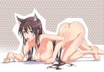  all_fours animal_ears ass barefoot blue_eyes breasts brown_hair cat_ears imamura_saeka in_heat large_breasts long_hair looking_at_viewer nude original outline polka_dot polka_dot_background solo suzutsuki_kurara tongue tongue_out top-down_bottom-up 