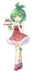 bare_shoulders blueberry blush borrowed_character cake cherry chocolate choker doily dress food food_on_face frills fruit full_body green_eyes green_hair hair_ornament hairclip high_heels looking_at_viewer original pomo_(lino-lin) ribbon saru short_hair simple_background solo strapless strapless_dress strawberry thigh_ribbon white_background white_legwear wrist_ribbon 