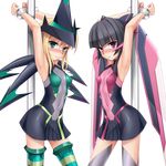  akatsuki_kirika armpits arms_up bangs bdsm black_hair blonde_hair bodysuit bondage bound breasts covered_navel cuffs eto eyebrows_visible_through_hair green_eyes handcuffs highres long_hair multiple_girls open_mouth purple_eyes restrained senki_zesshou_symphogear short_hair small_breasts thighhighs transparent_background tsukuyomi_shirabe 