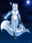  armor big_breasts black_nose blue_eyes blue_fur breasts canine cleavage clothed clothing female fox fur gauntlets hair jessica_elwood long_hair looking_at_viewer mammal moon navel night scythe skimpy sky solo star thighs unconvincing_armor white_fur white_hair wide_hips 
