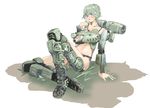  arm_support armor blue_eyes bra cannon glasses grass green_hair mecha_musume nano open_mouth original panties personification short_hair sitting solo t-72_(personification) teeth underwear weapon 